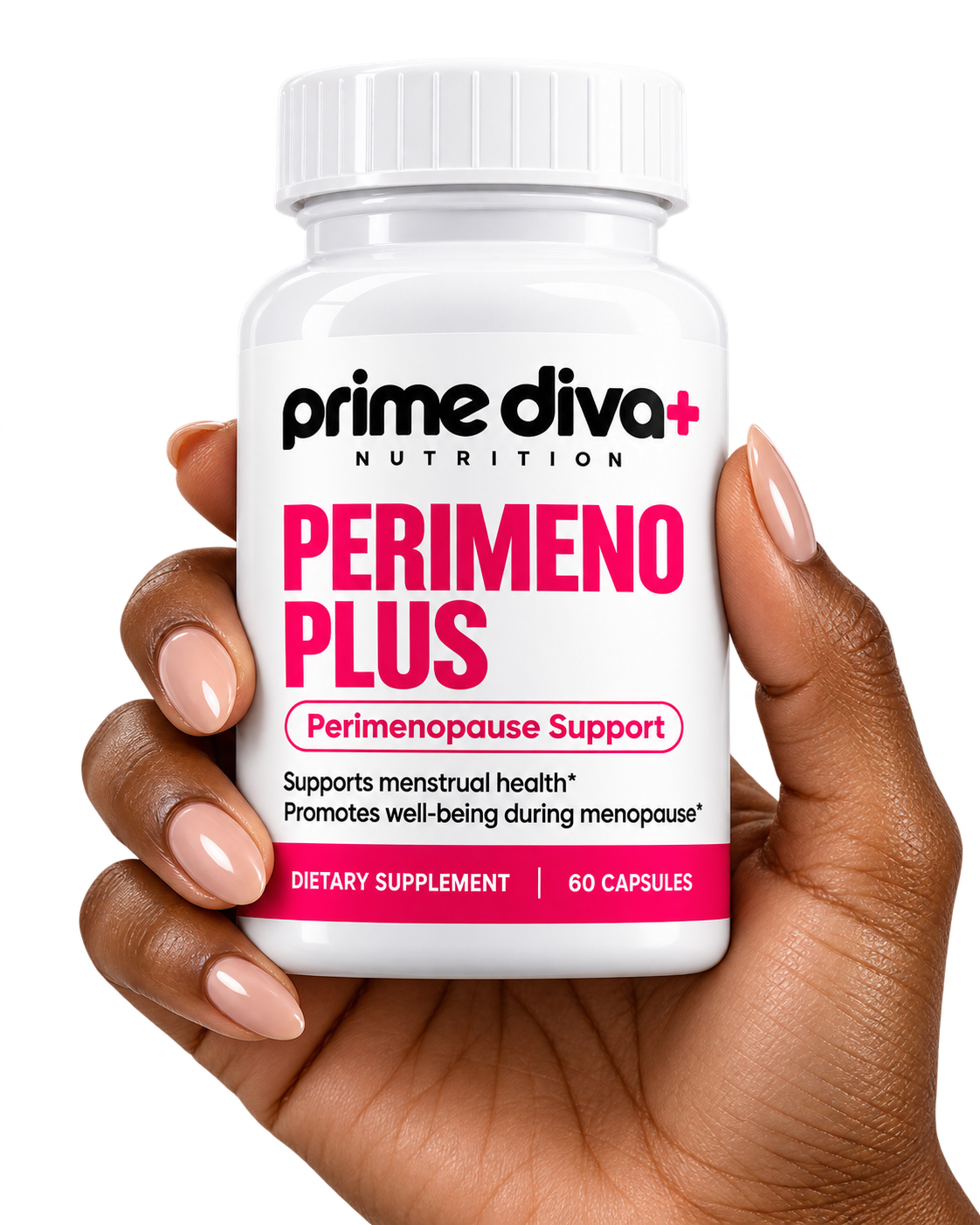 A hand holding up a bottle of PrimeDiva Perimeno Plus
