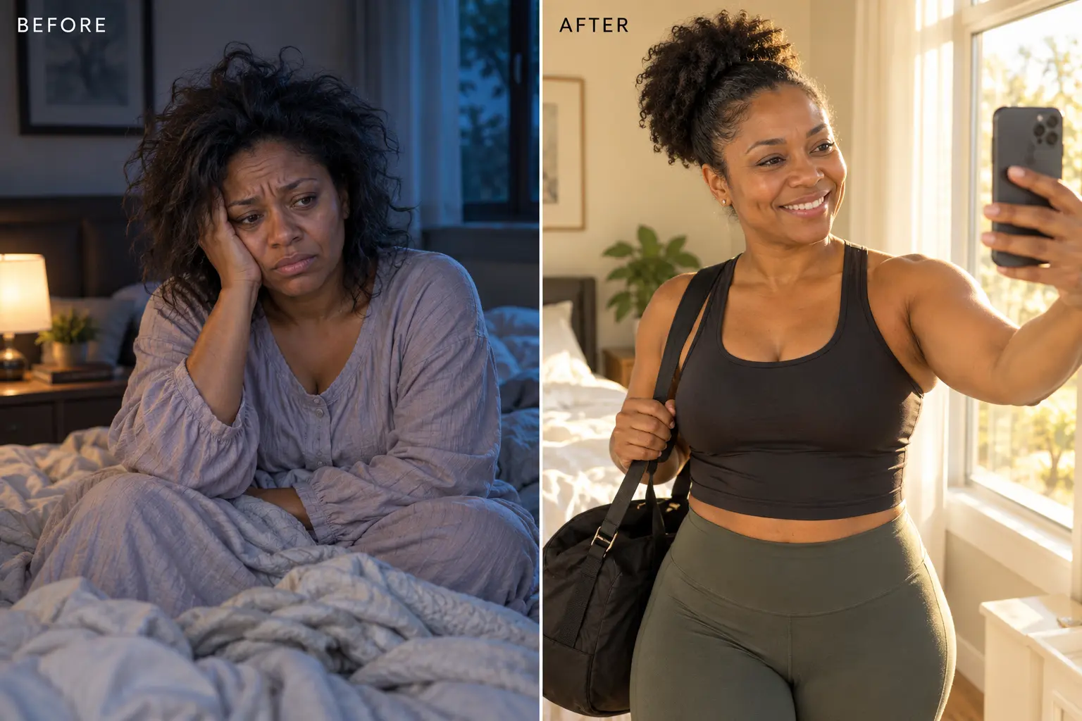 A woman worn out in bed late at night, and the same woman smiling and taking a phone selfie on a bright morning